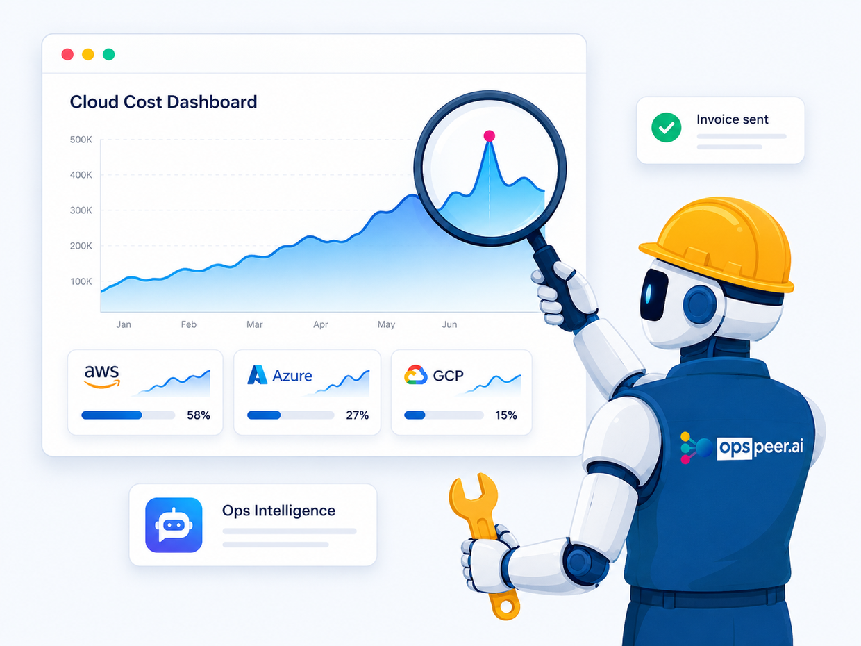 An opspeer engineer inspecting cloud cost across AWS, Azure and GCP with a magnifying glass